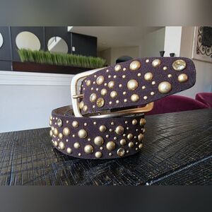 Brown Suede Leather Gold Studded Belt McBling Y2K Boh0 Sz M 38.5L